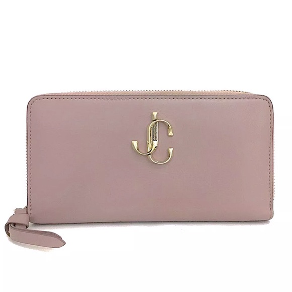 Authentic Jimmy Choo Gold JC Logo Pink Leather Zip Around Long Wallet EUC - Picture 1 of 8